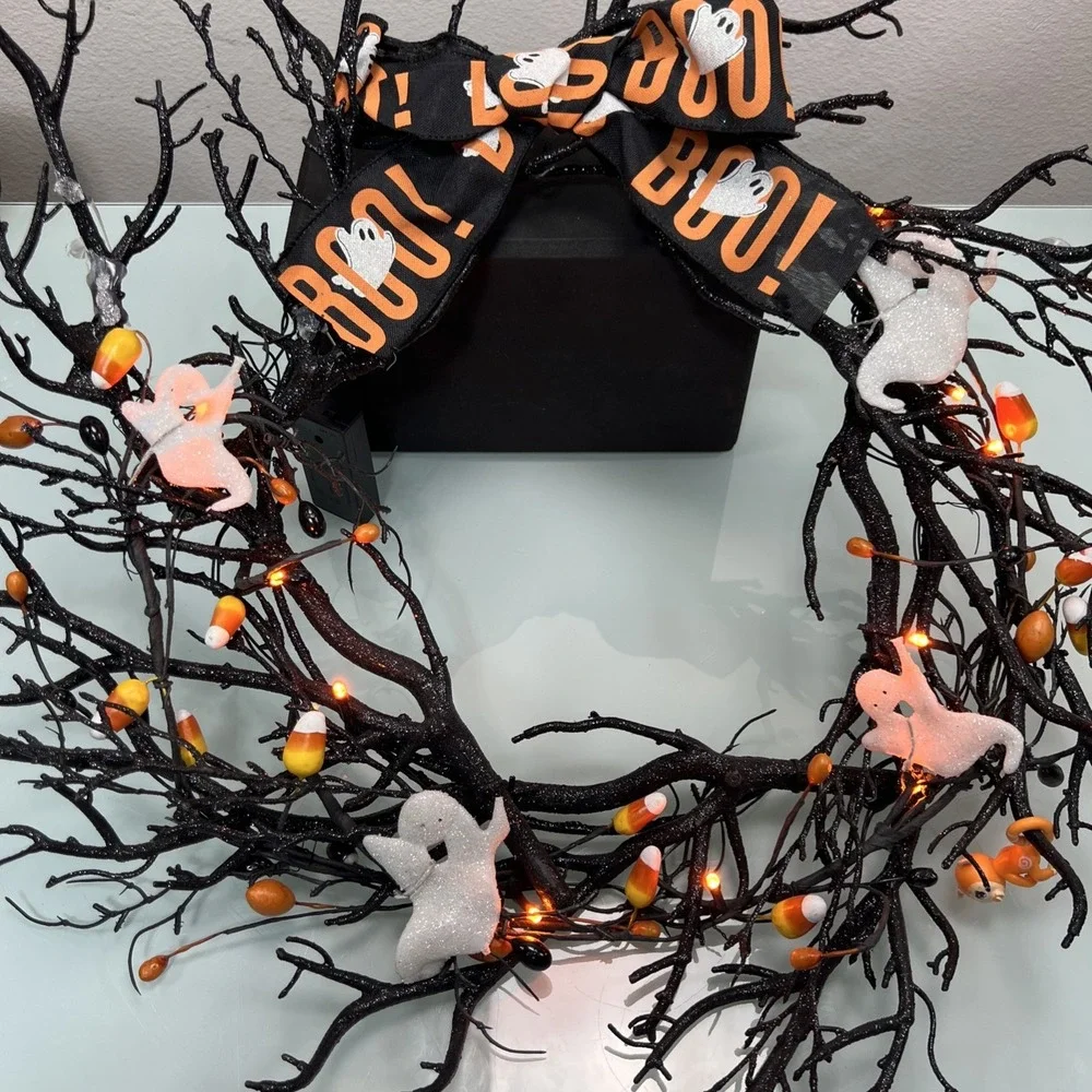 Spooky Halloween Twig Wreath Ghosts Candy Corn BOO Lighted Decor